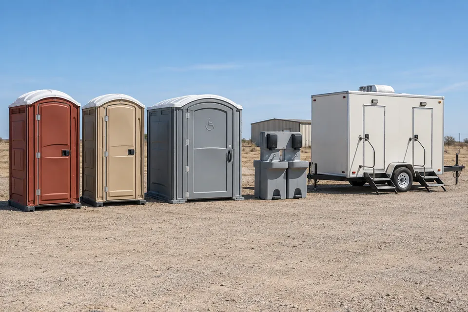 Standard, deluxe and accessible portable toilets, handwashing station and restroom trailer